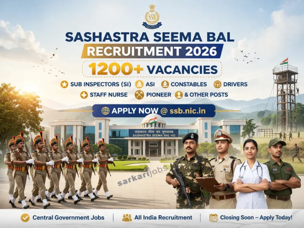 Sashastra Seema Bal Recruitment 2026 for 1200+ Sub Inspectors / SI, ASI, Constables, Drivers, Staff Nurse, Pioneer and Other Posts at Sashastra Seema Bal @ ssb.nic.in